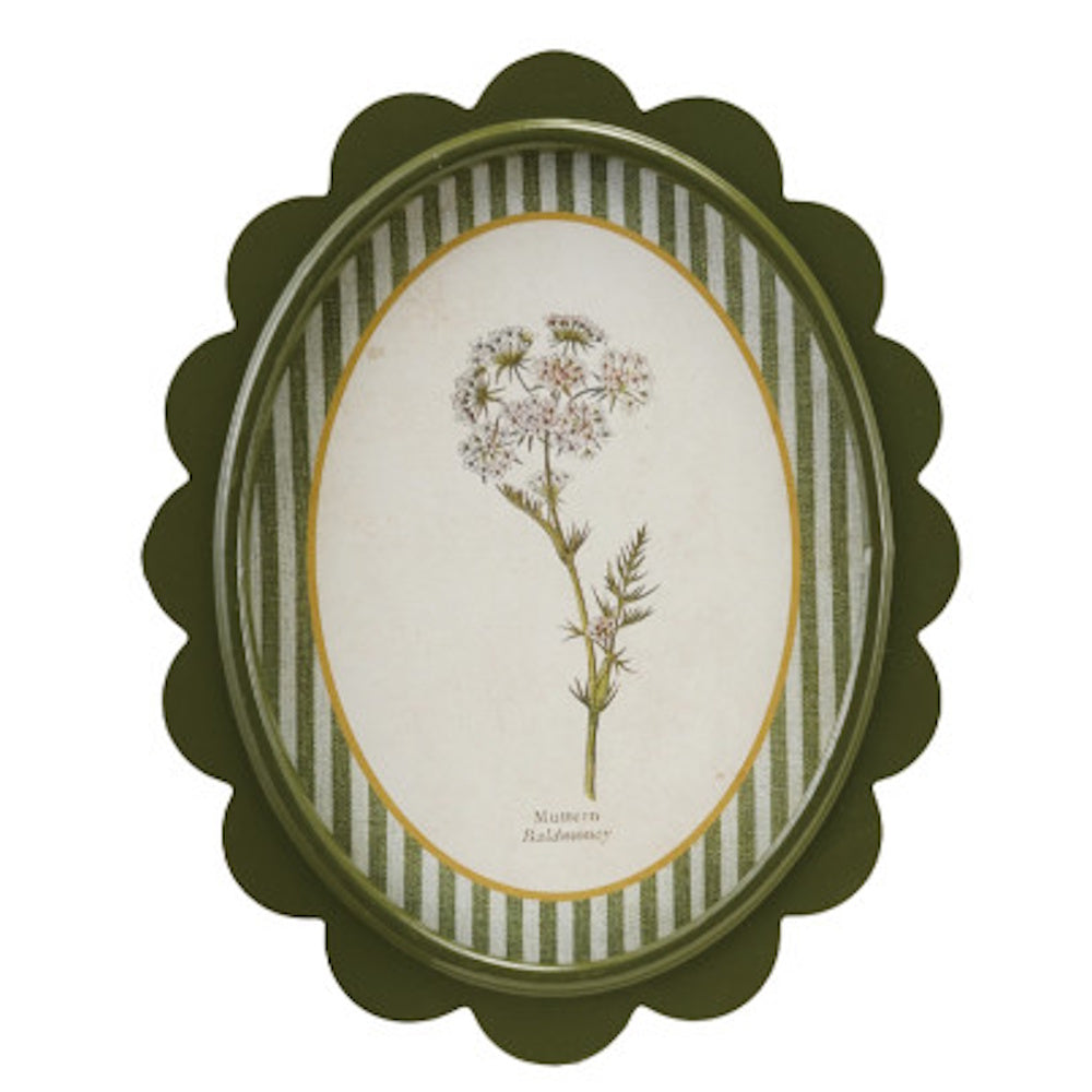 Scalloped green oval wall decor featuring a botanical flower print with a green and white striped mat background.