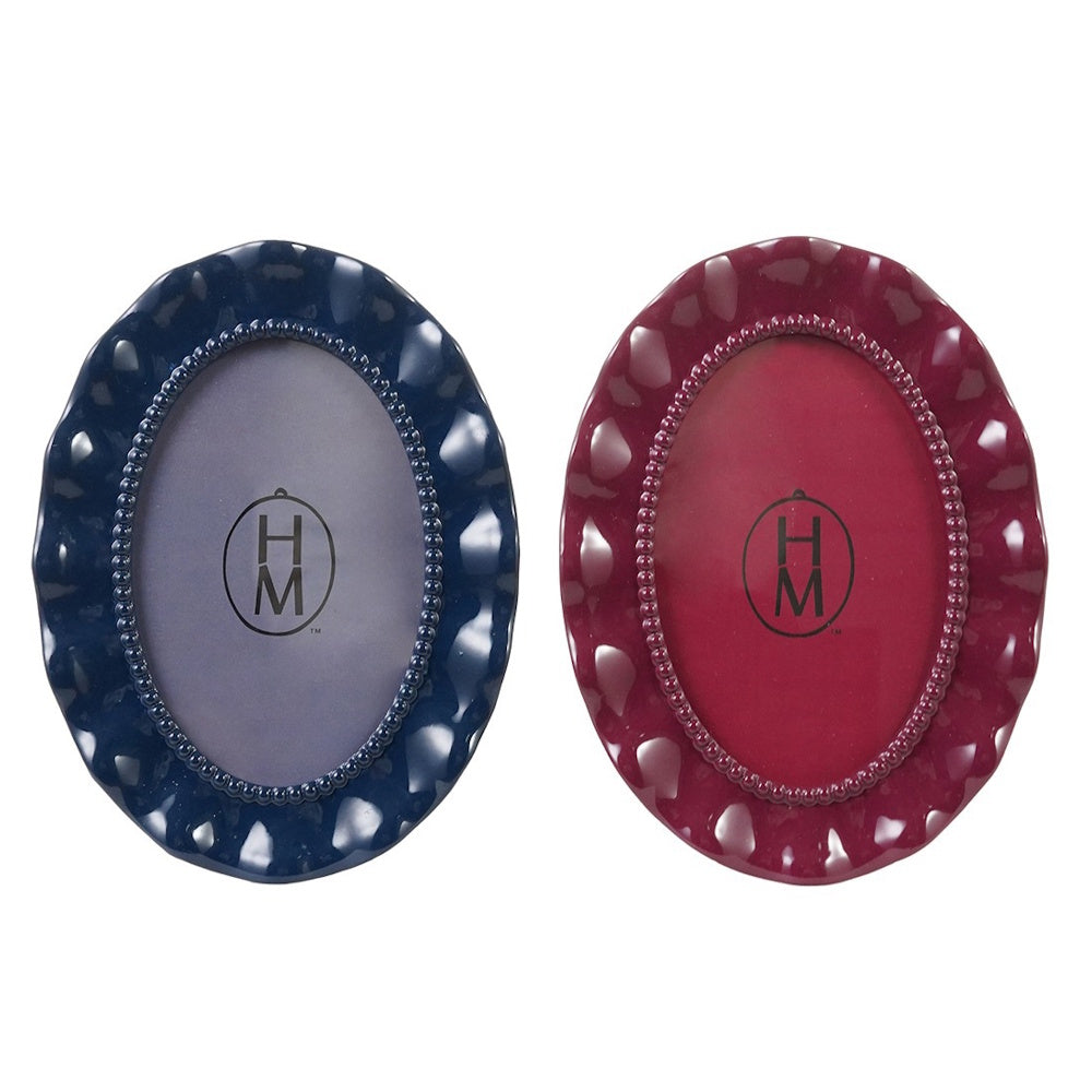 Two oval photo frames in navy blue and deep red, featuring scalloped edges and beaded inner borders.