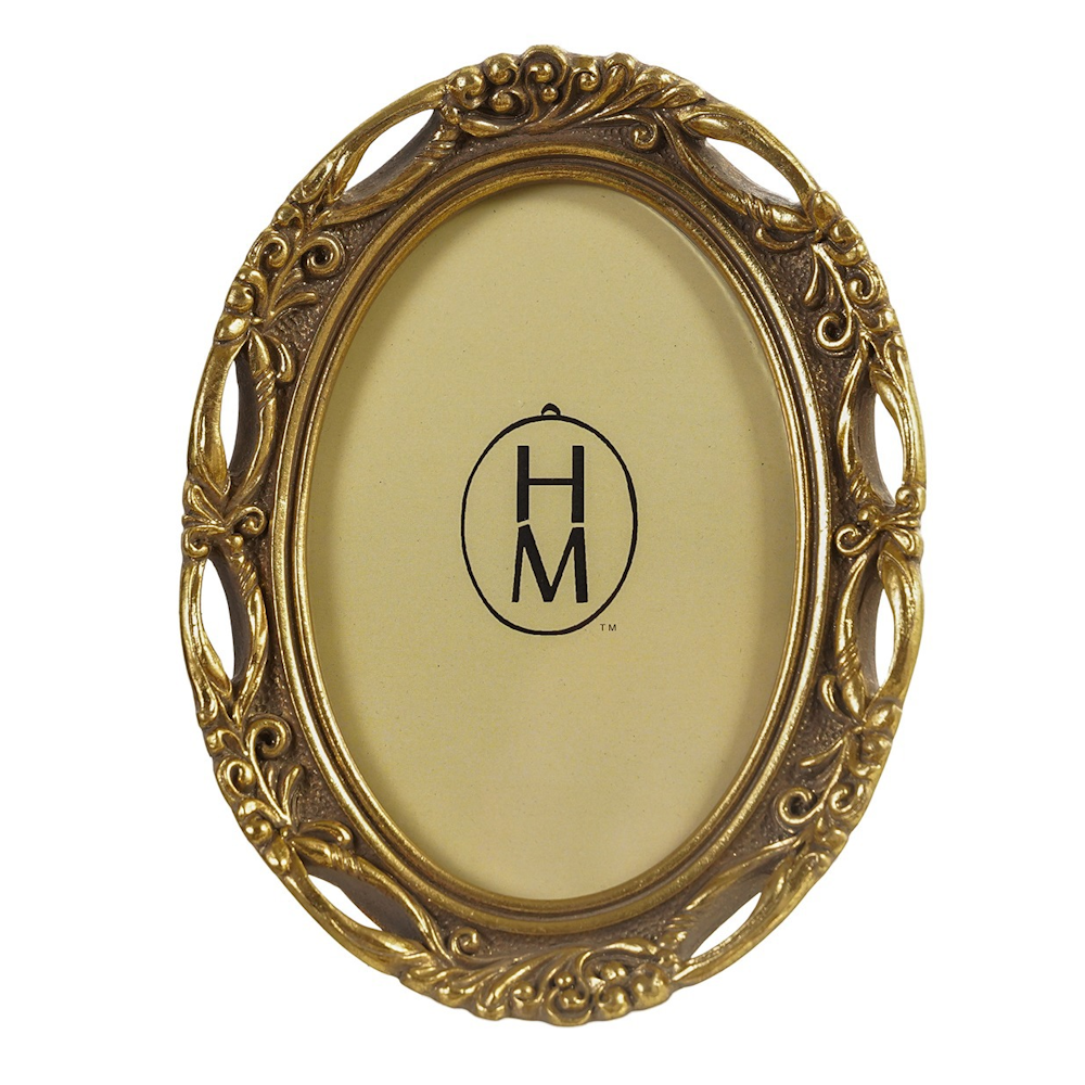 Vintage-style antique gold oval picture frame featuring ornate filigree and scrollwork details.