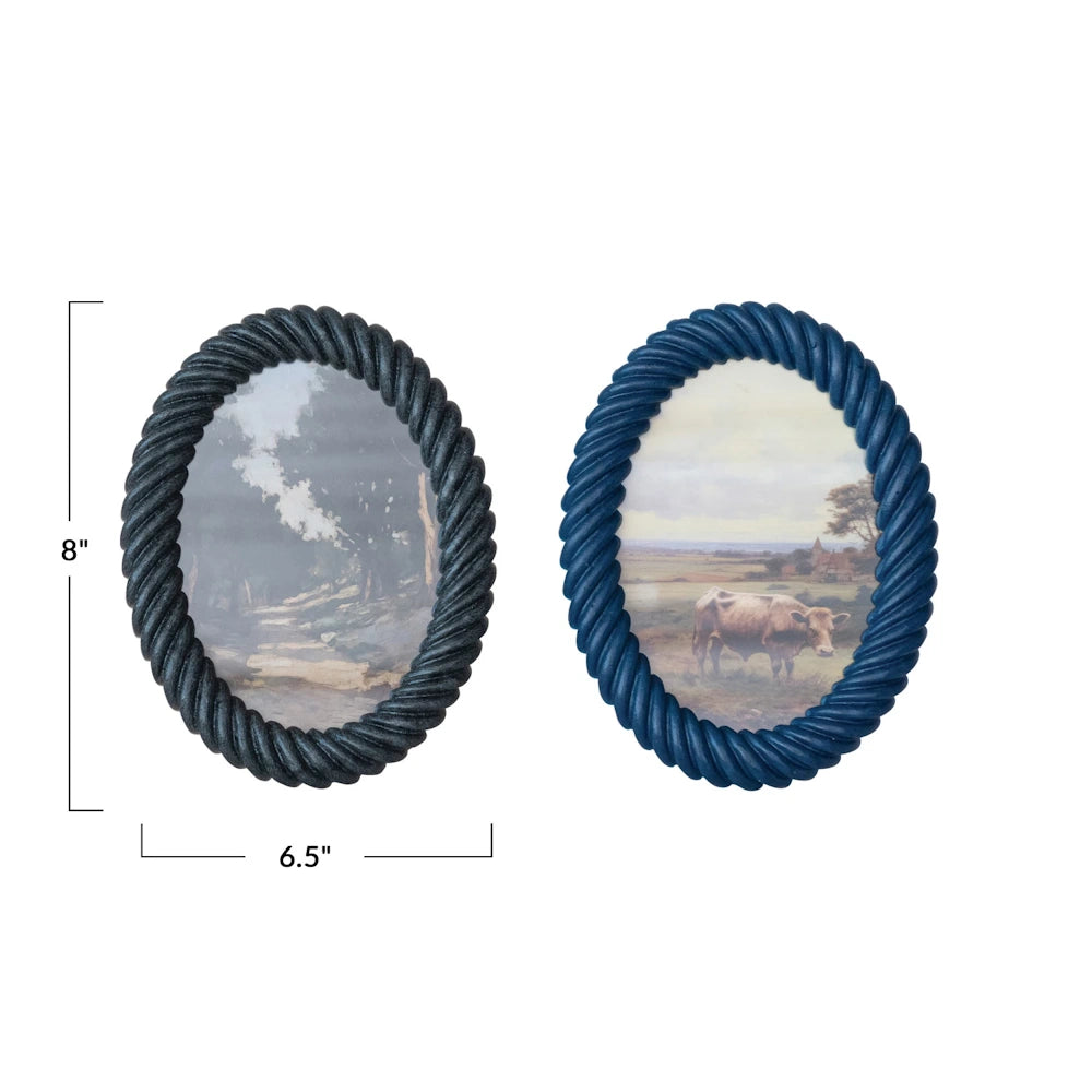 Two 8-inch tall oval photo frames with a twisted rope design in black and blue, featuring pastoral landscape art.
