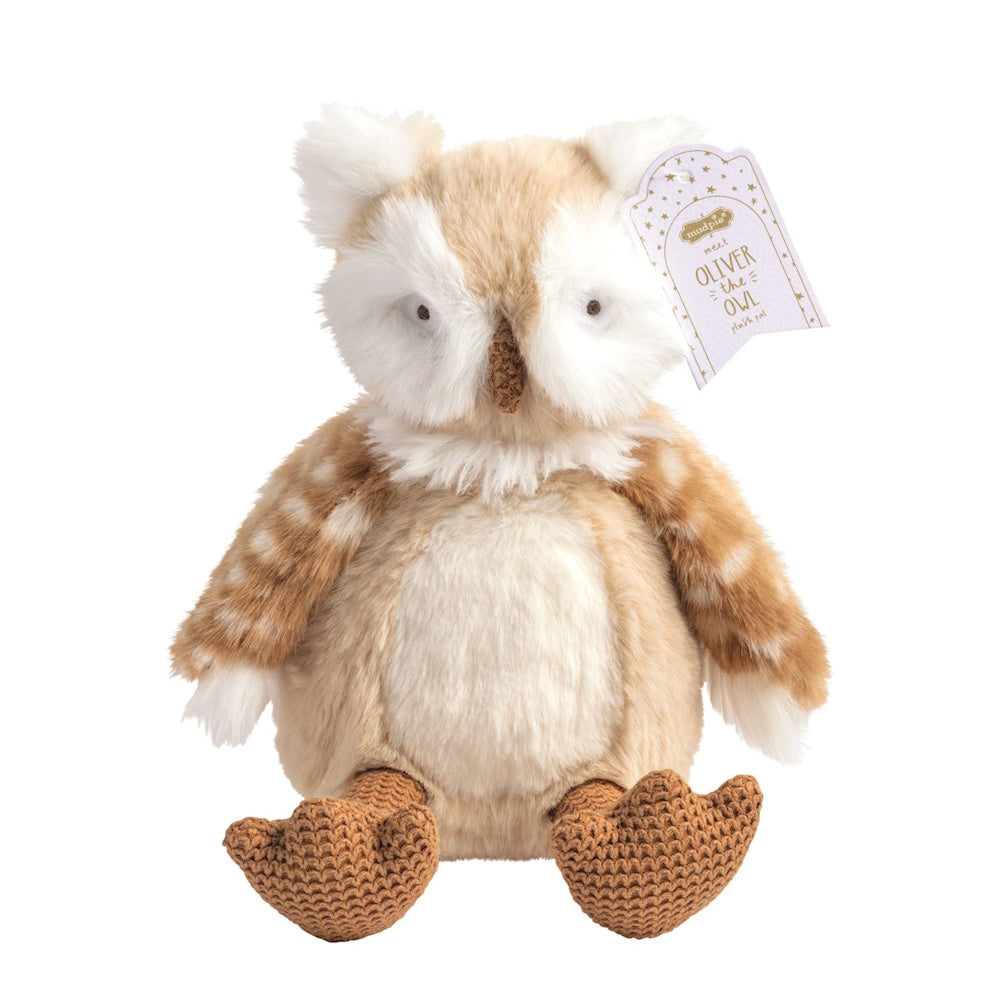 Soft plush owl toy in tan and white featuring a fluffy face, brown beak, and knit brown feet.