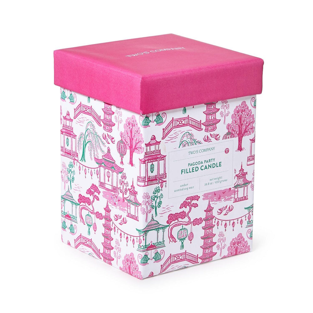 Pagoda Party scented candle gift box with a pink lid and pink and green chinoiserie pattern.