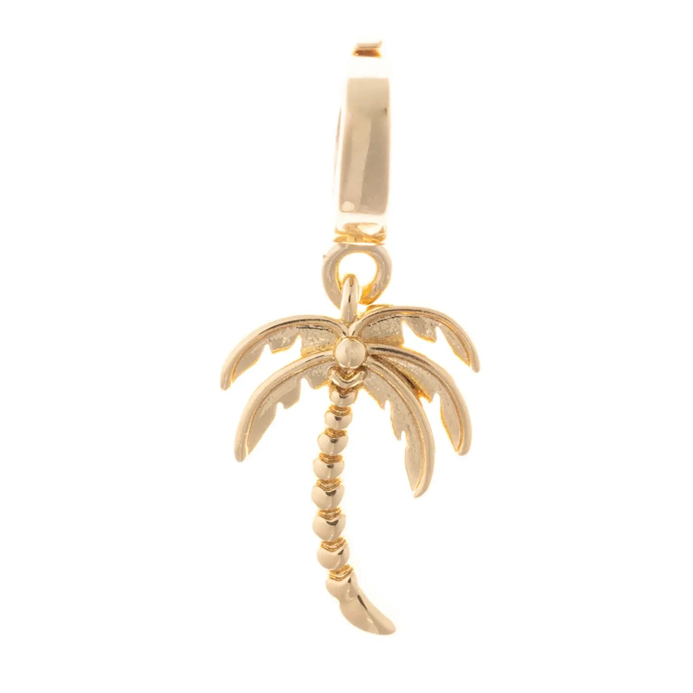 Gold palm tree pendant charm with a textured trunk and spreading fronds on a white background.