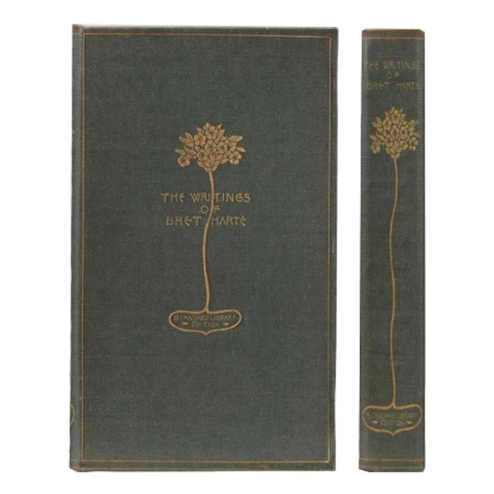 The Writings of Bret Harte vintage book cover and spine with gold floral illustration on dark green fabric.