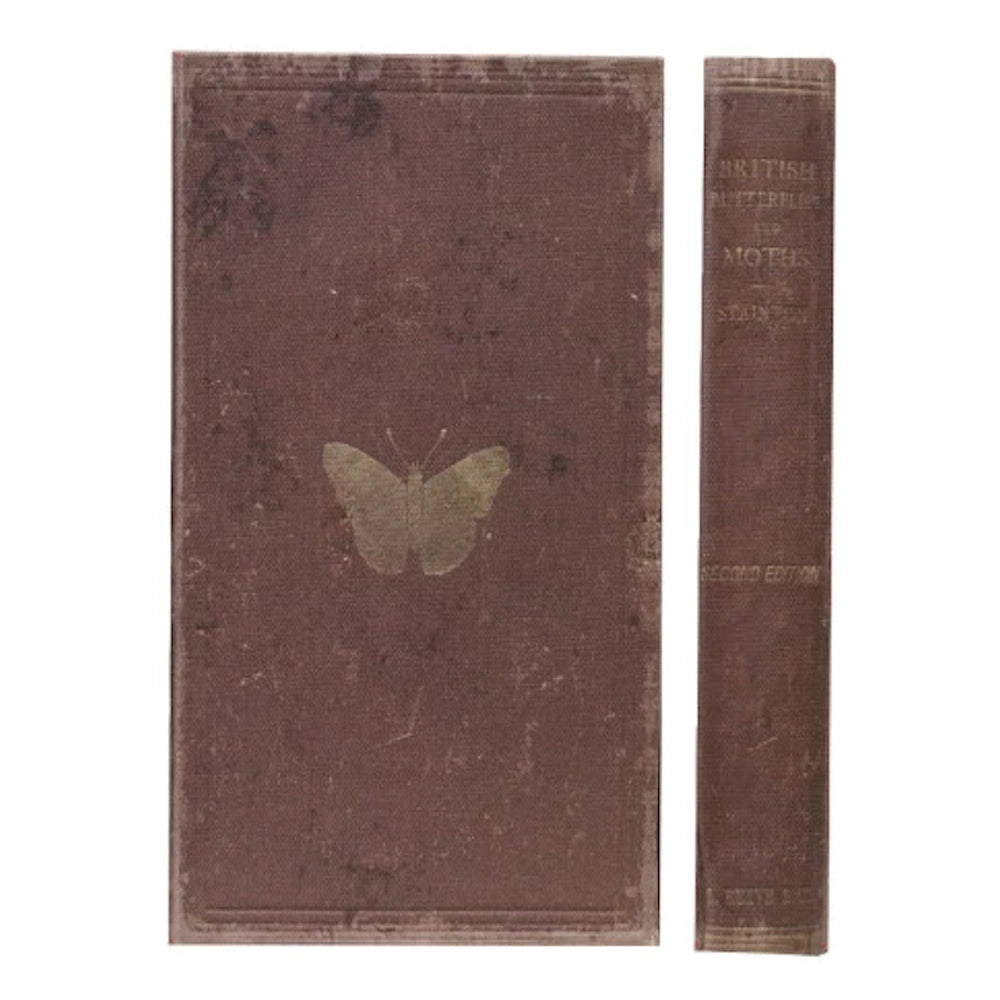Vintage brown book cover and spine with a gold butterfly illustration and "British Butterflies and Moths" text.