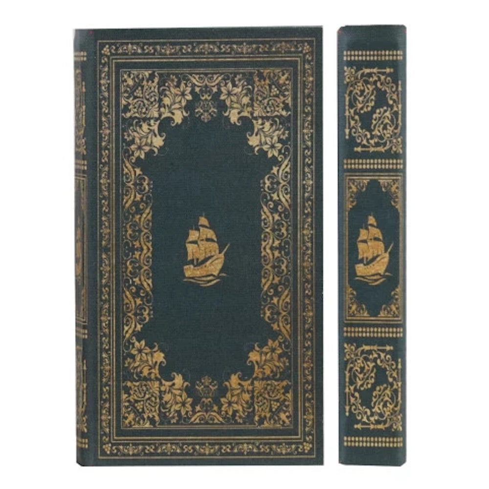 Vintage green hardcover notebook with ornate gold floral borders and a central golden sailing ship illustration.
