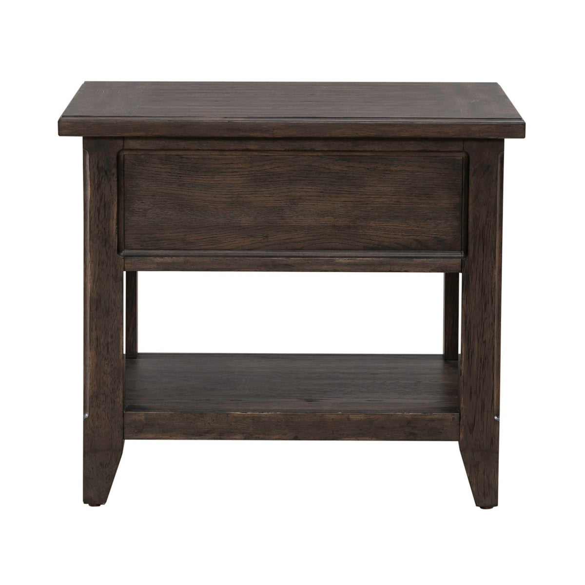 Back view of dark wood end table with paneled construction, open lower shelf and sturdy legs in rustic style.