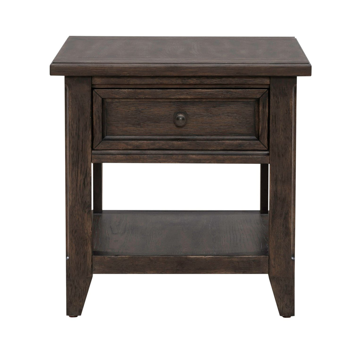 Rustic dark wood end table with framed drawer front, open lower shelf and sturdy straight leg design.