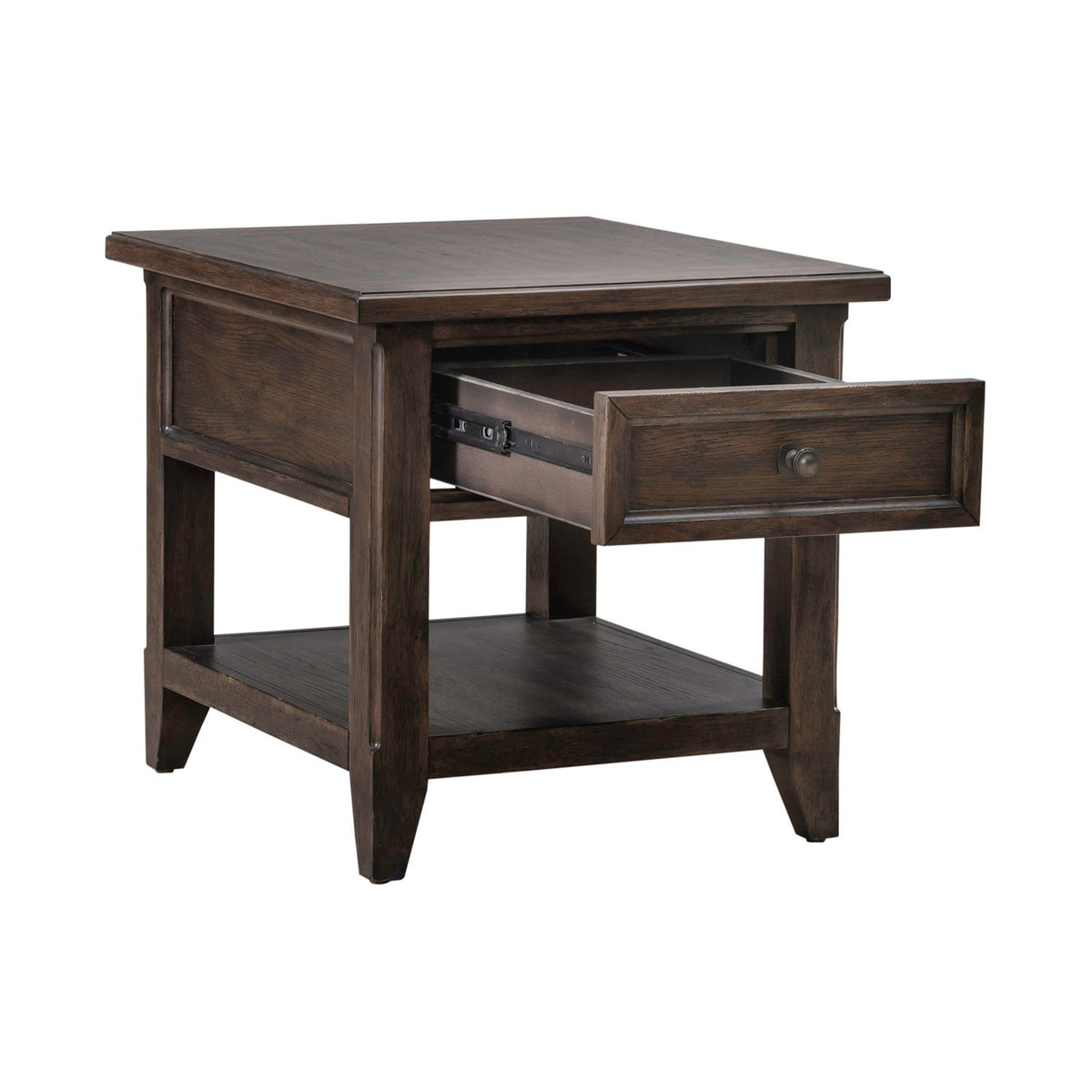 Rustic dark wood end table with open storage drawer, lower shelf and classic craftsman style design.