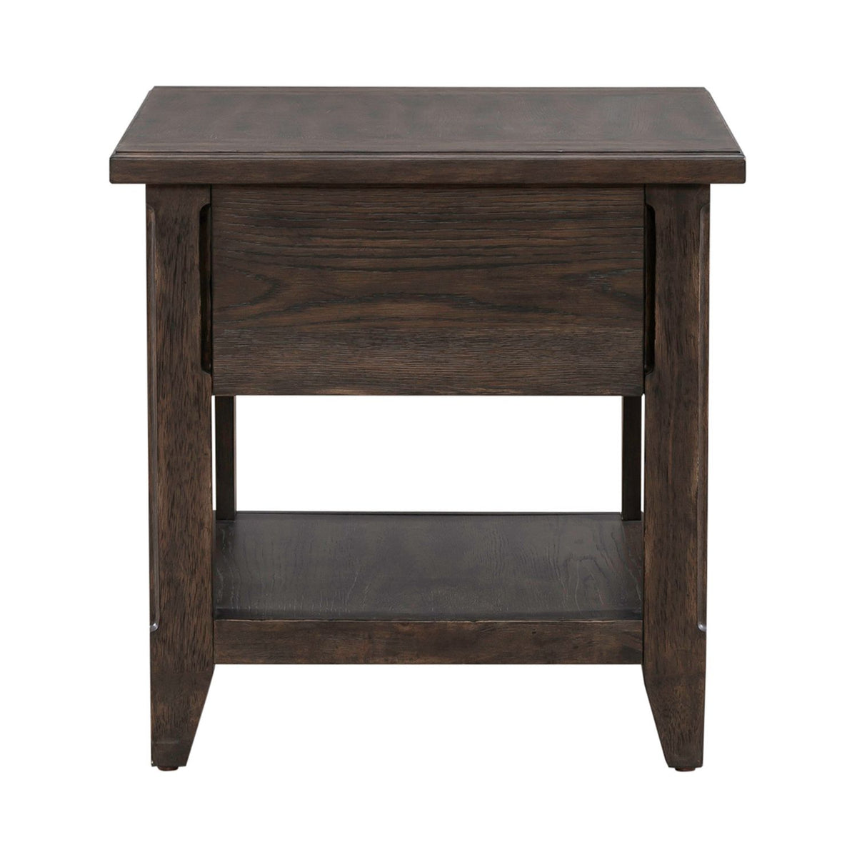 Rustic dark wood end table side view with open lower shelf and clean craftsman inspired silhouette.