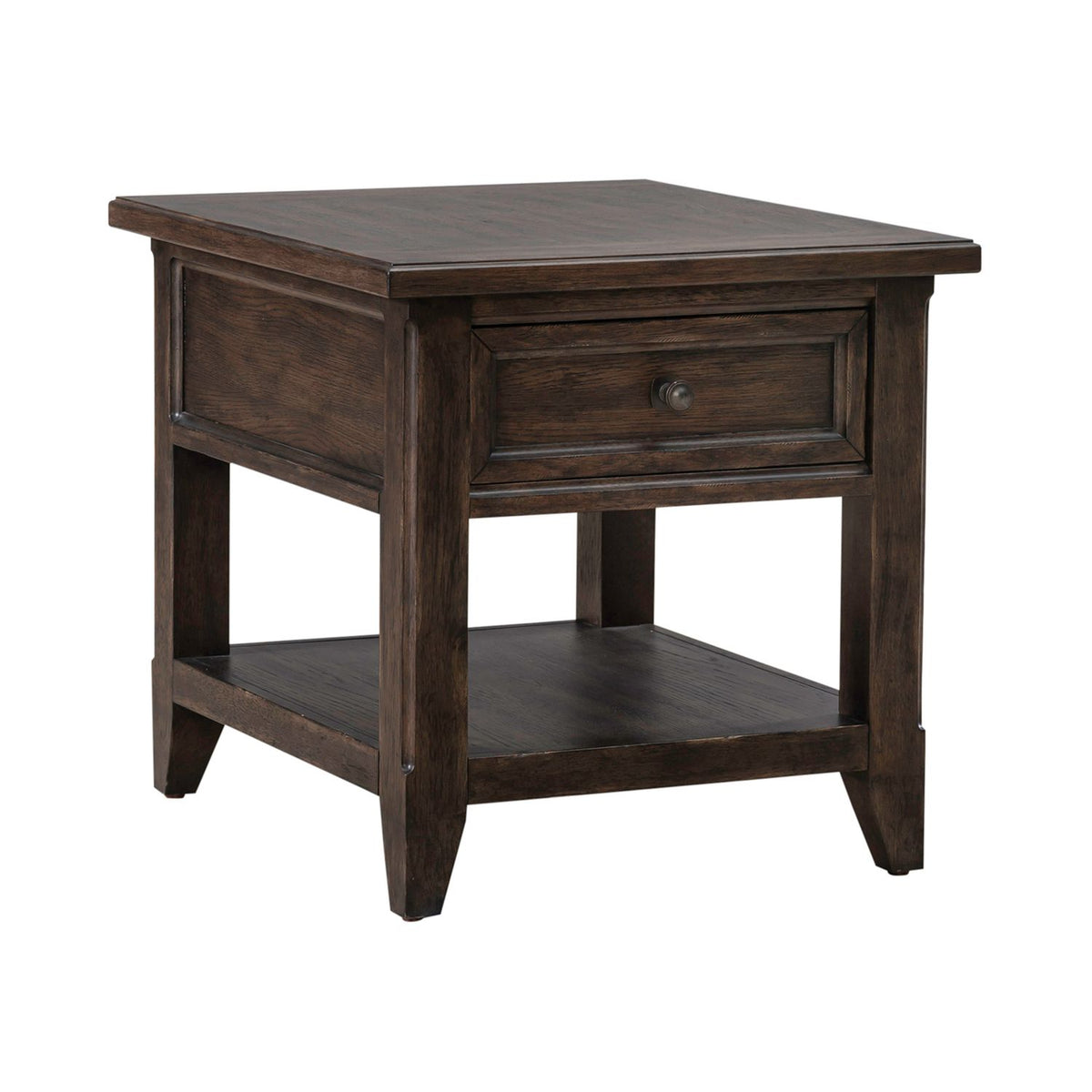 Dark wood end table with single drawer, lower storage shelf and tapered legs in rustic style.