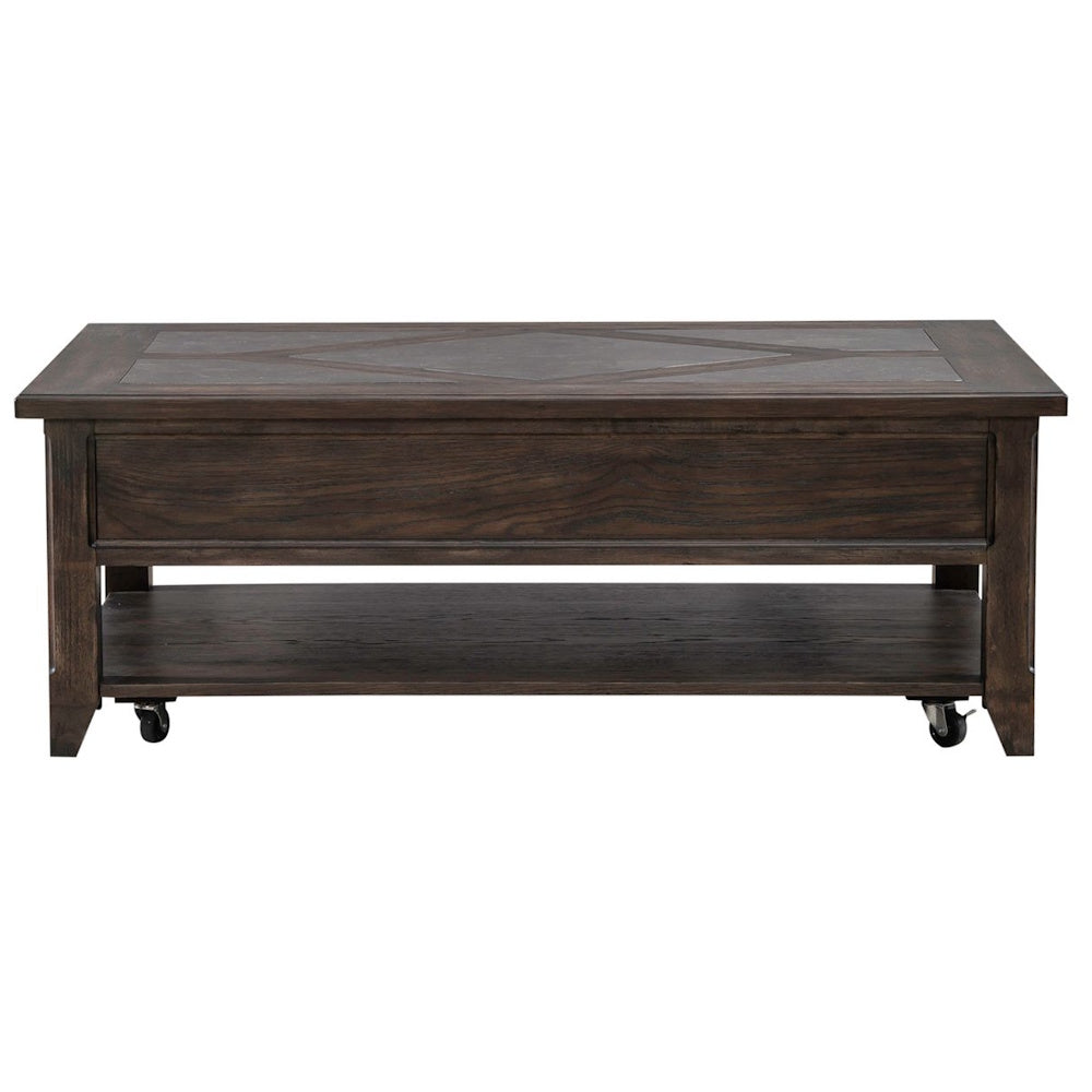 Rustic dark wood coffee table back view with open lower shelf, caster wheels and paneled wood construction.
