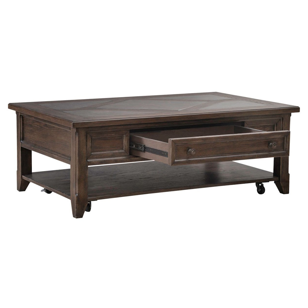 Rustic dark wood coffee table with open storage drawer, lower shelf and decorative paneled tabletop design.