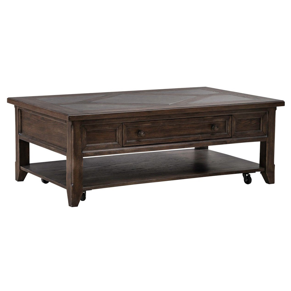 Rustic dark wood rectangular coffee table with center drawer, open shelf storage and caster wheel base.