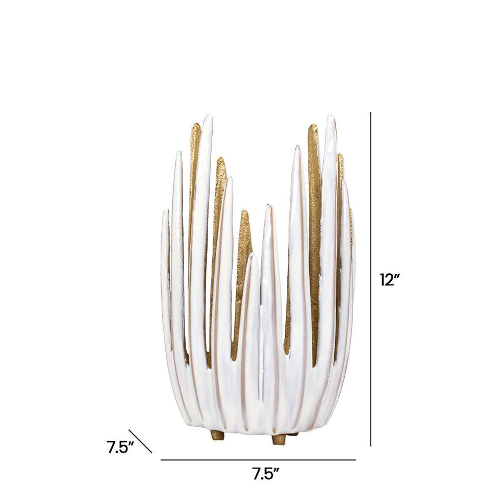 Modern white and gold textured candleholder with dimensions: 12" height and 7.5" width and depth.