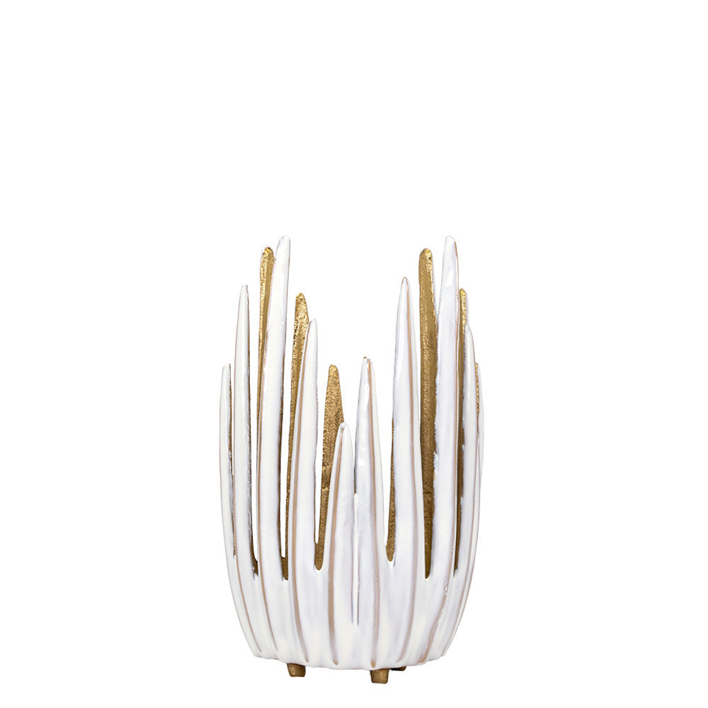 Modern white and gold coral-inspired candle holder with textured vertical ridges and a metallic interior.