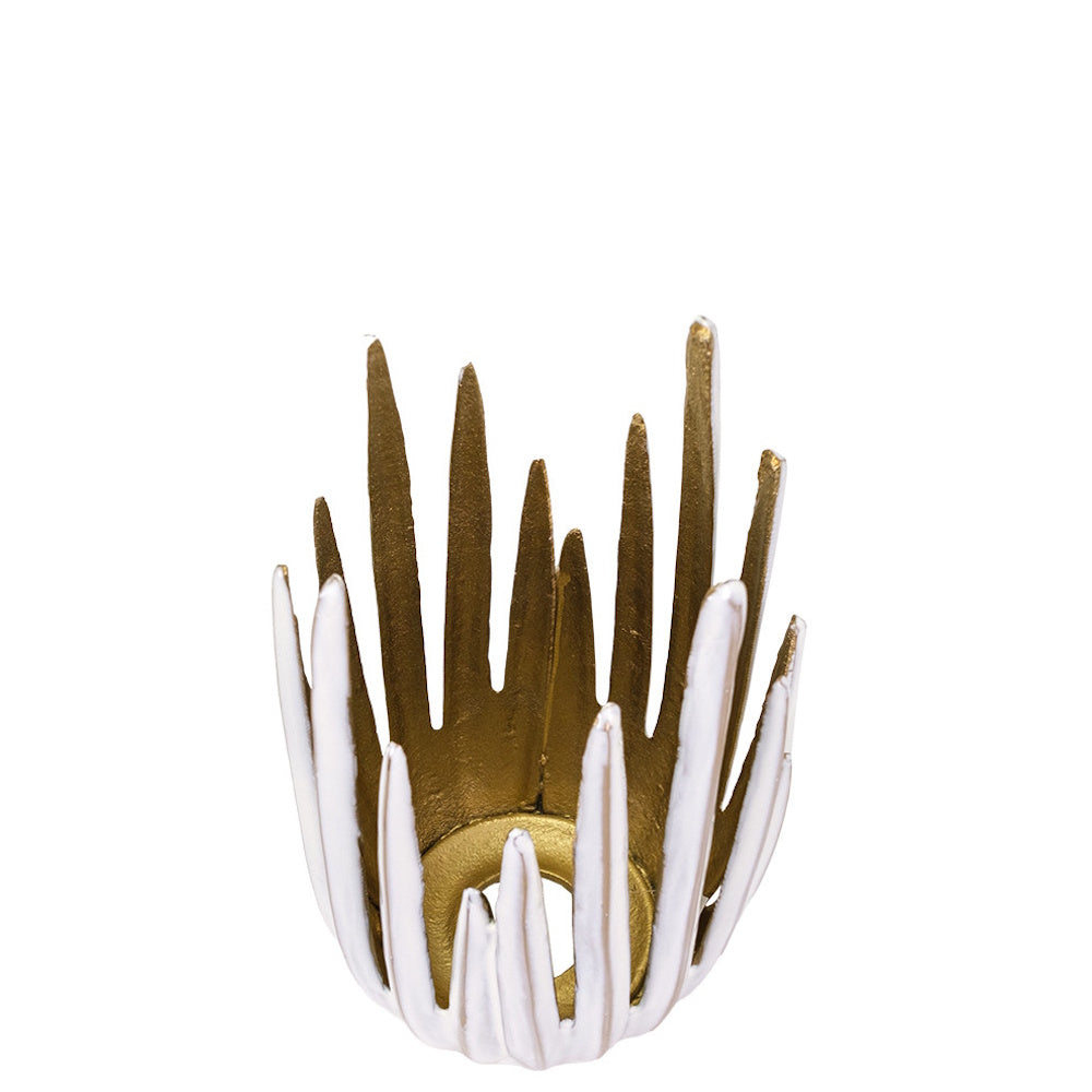 White and gold spiked coral-style candle holder. Modern decorative tabletop accent with a textured, organic design.
