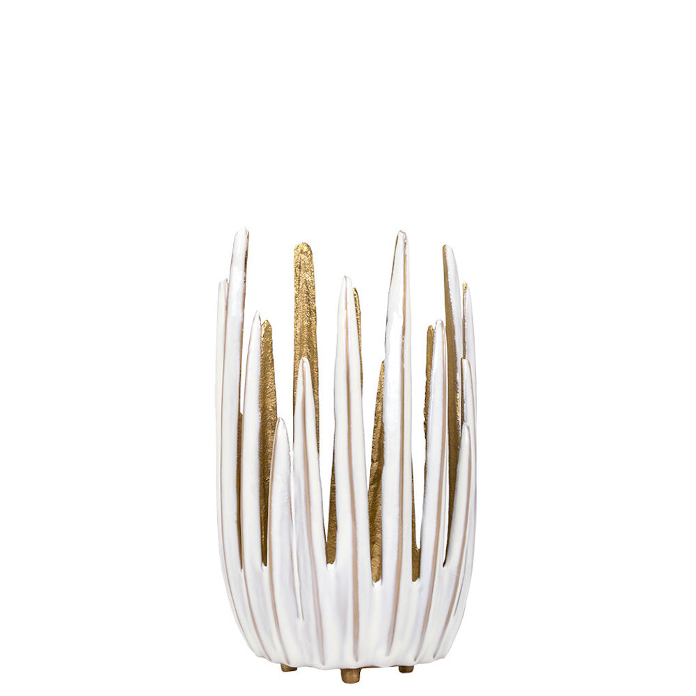 Modern white and gold coral-inspired ceramic candle holder with textured vertical ridges on a white background.
