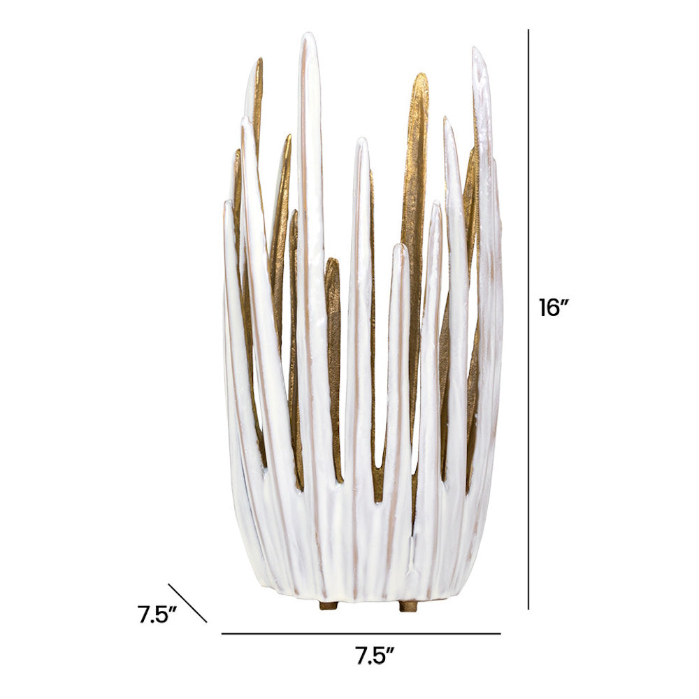 White and gold 16-inch tall coral candleholder with 7.5-inch diameter dimensions labeled on a white background.
