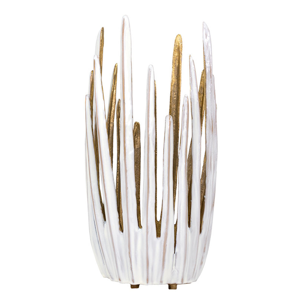 Tall white and gold coral-inspired candleholder with vertical textured ridges on a white background.