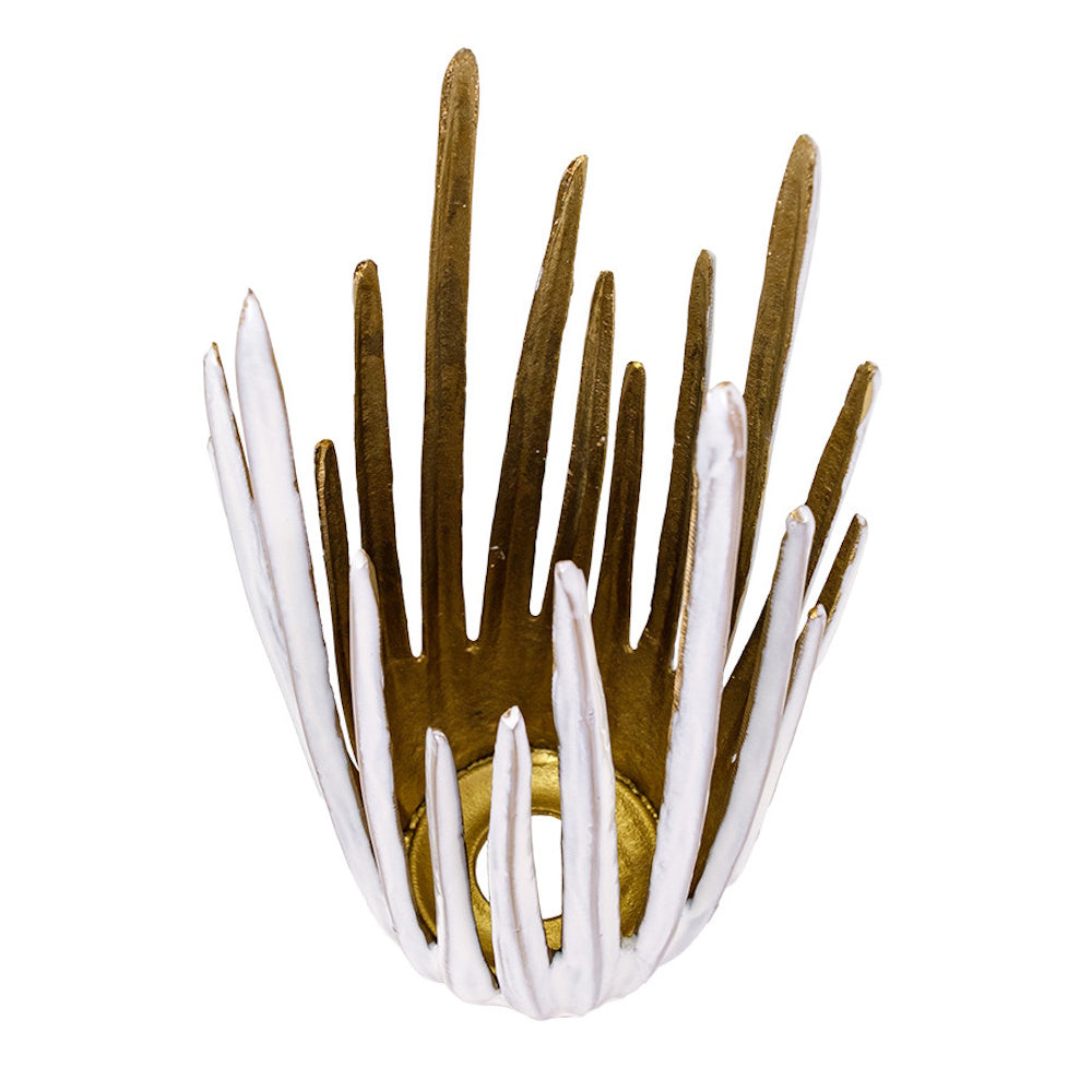 Modern white and gold coral-inspired metal candle holder with a textured, spiky abstract design on a white background.