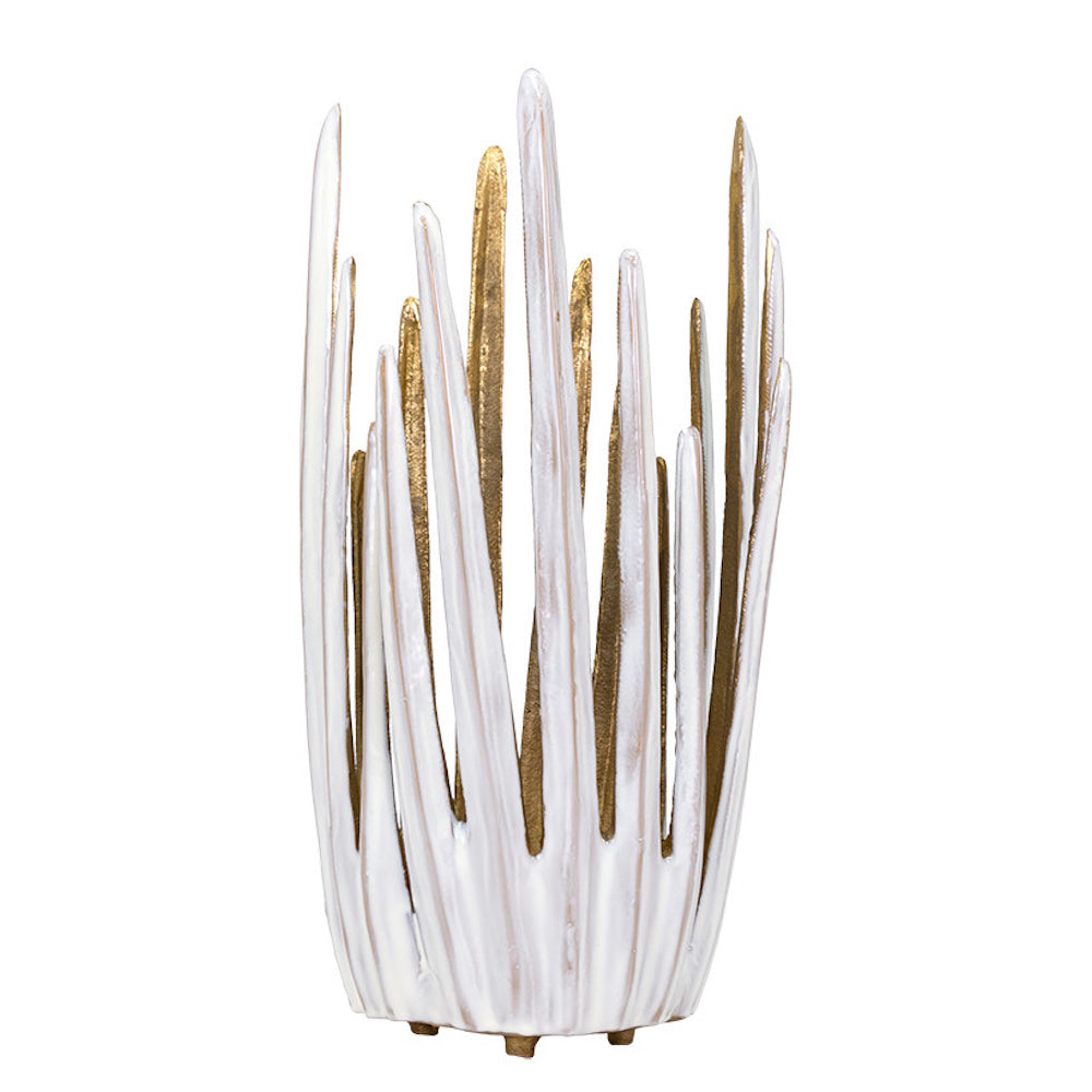 Tall white and gold ceramic candle holder with a coral-inspired spiky design for elegant home decor.