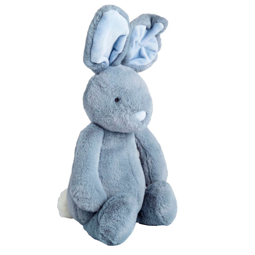 Soft blue plush bunny rabbit stuffed animal with long ears and white tail sitting on a white background.