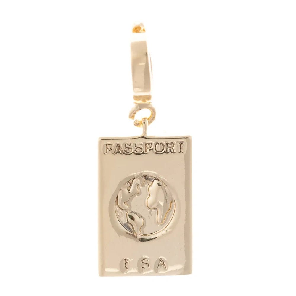 Gold USA passport pendant charm featuring a globe design on a white background.