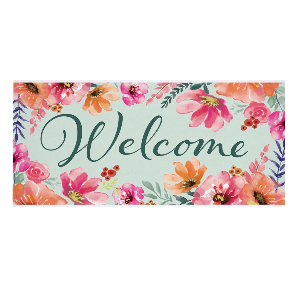 Floral "Welcome" sassafras switch mat featuring pink and orange watercolor flowers on a light teal background for home decor.