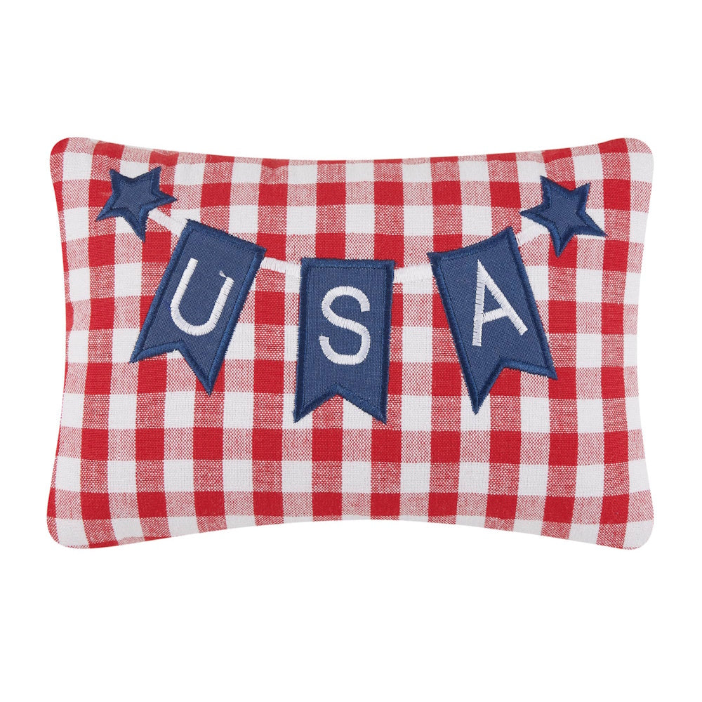 Red and white checkered decorative pillow with blue USA banner and stars for 4th of July patriotic decor.