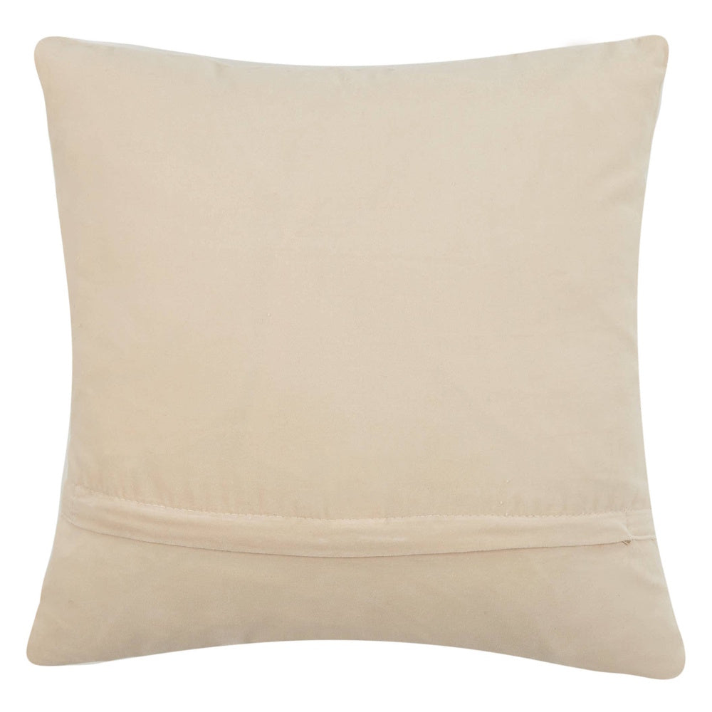 Back view of a tan velvet throw pillow featuring a hidden horizontal zipper closure on a white background.