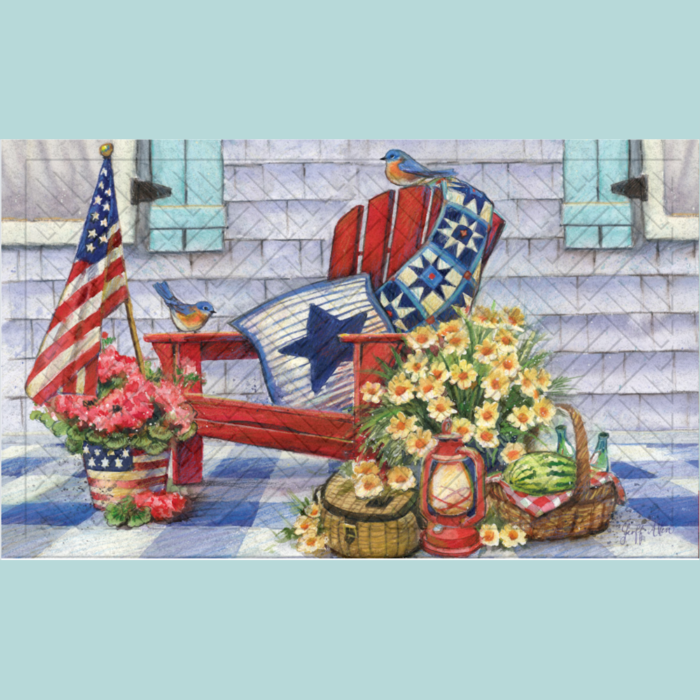 A red Adirondack chair on a porch with an American flag, bluebirds, yellow flowers, and a patriotic quilt floor mat.