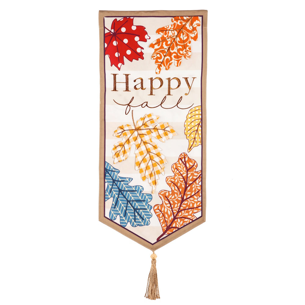 Vertical autumn banner reading "Happy Fall" surrounded by colorful patterned leaves, ending in a bottom tassel.