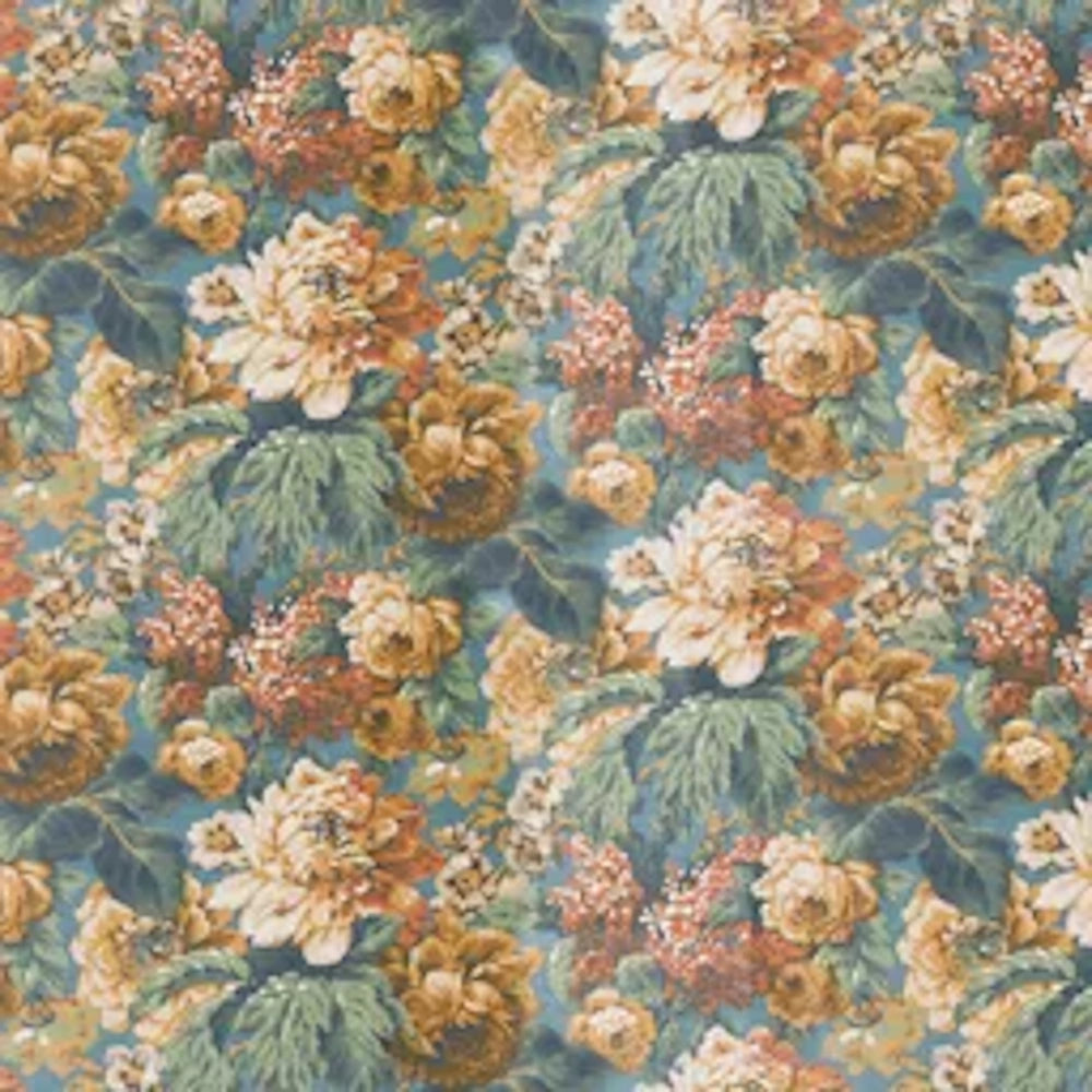 Vintage floral fabric pattern with yellow and cream roses, red blossoms, and leaves on teal.