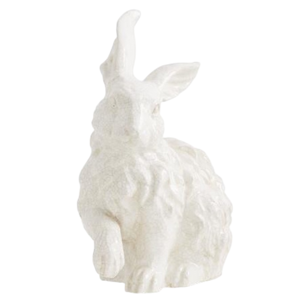 White glazed terracotta bunny figurine with a textured finish standing on its hind legs.