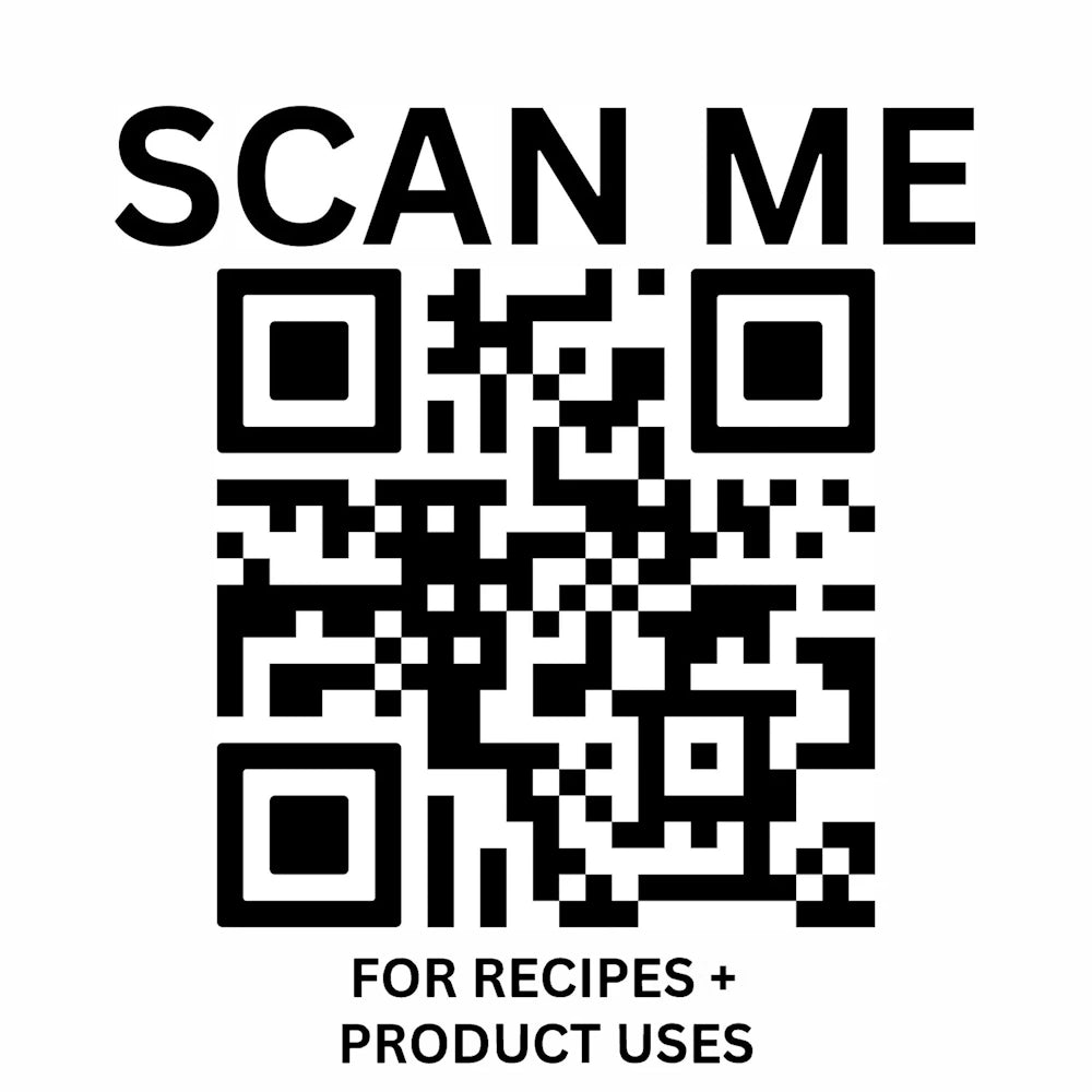 QR code for recipes and product uses with "SCAN ME" instructional text.