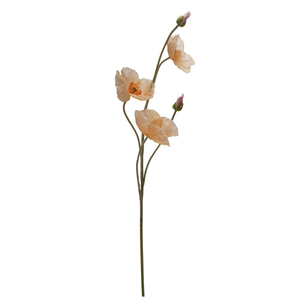 Faux peach poppy stem with three open blossoms and two small buds on a solid white background.