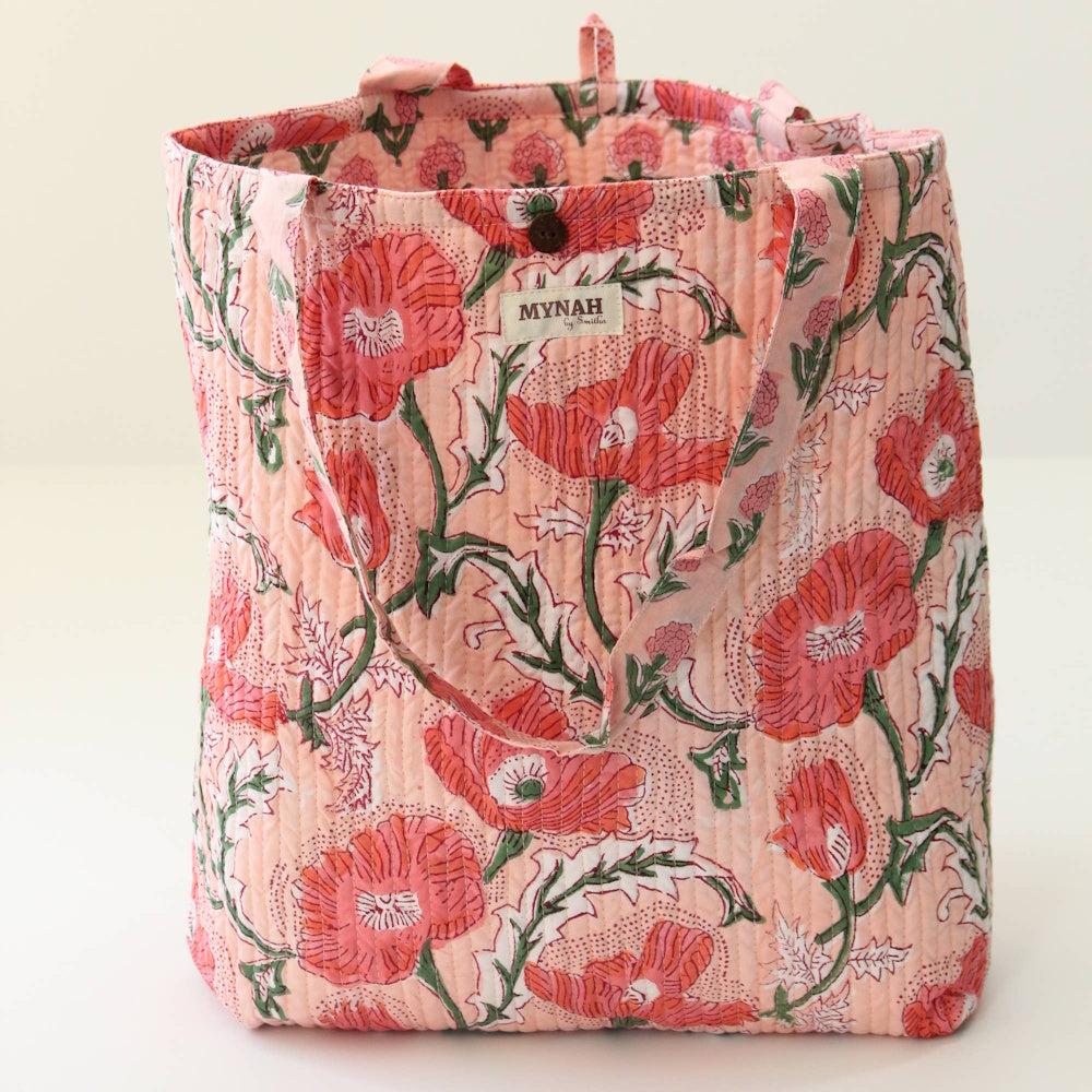 Peach poppy floral print quilted cotton reversible tote bag with straps and brand label by MYNAH.