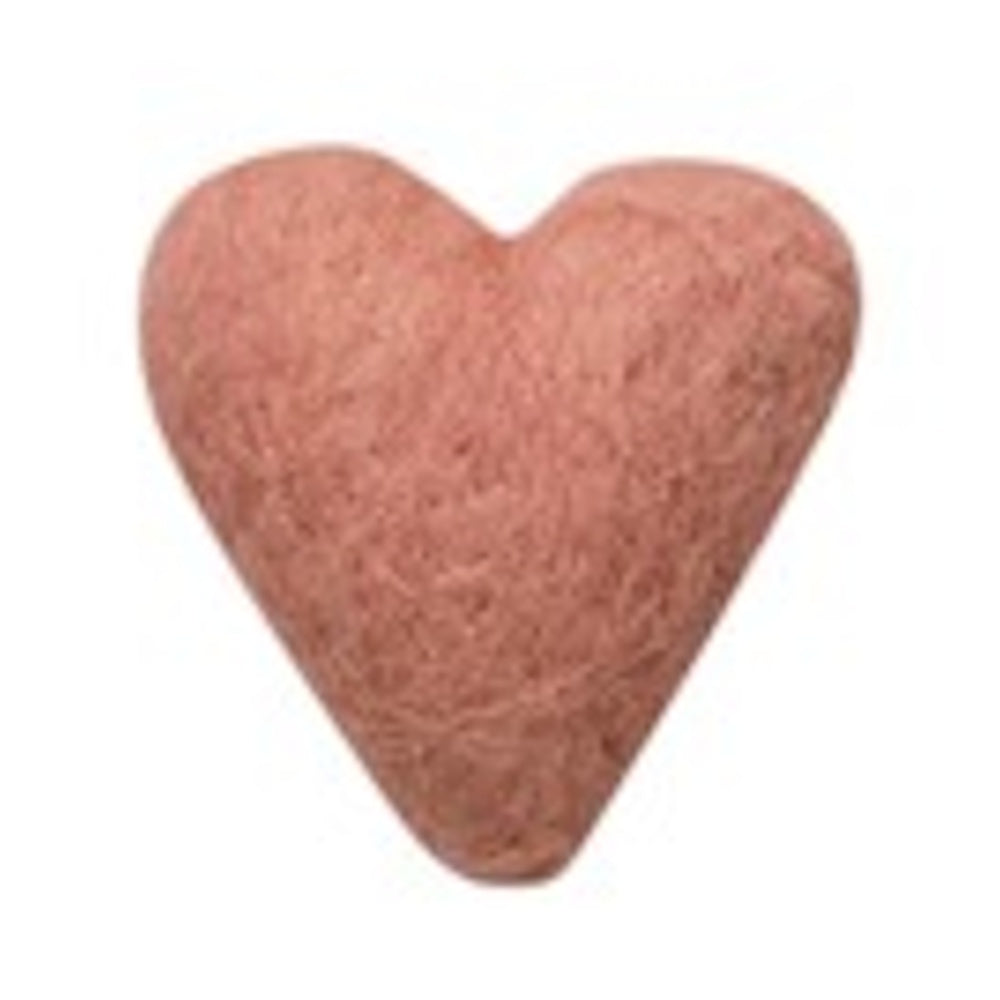 A small, peach, needle-felted wool heart with a fuzzy texture on a white background.