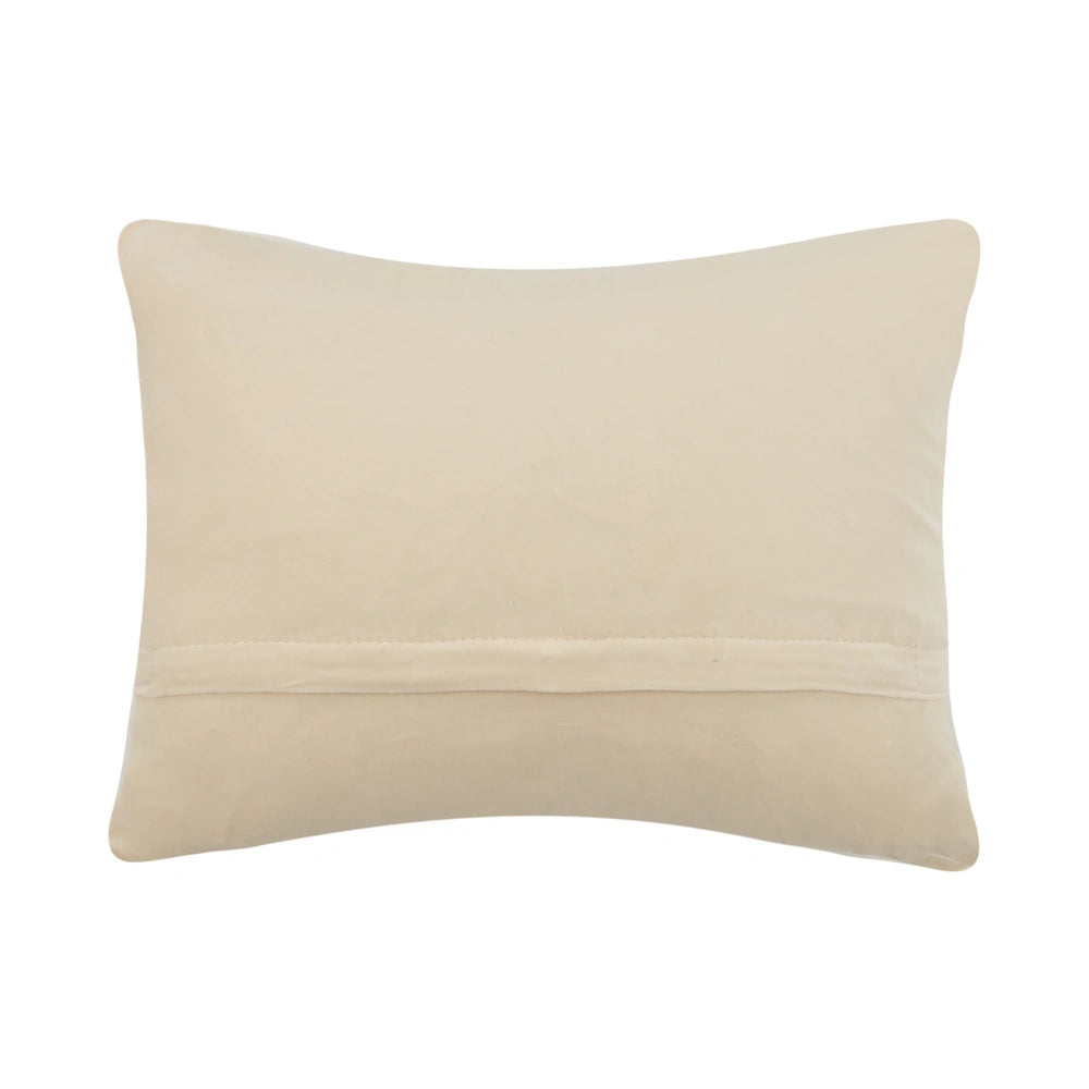 The solid beige fabric backing of a rectangular throw pillow with a zipper closure flap.