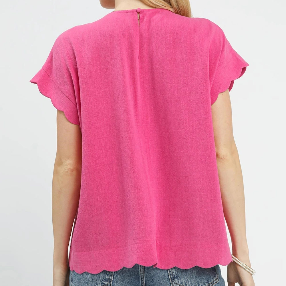 Pink peony linen-blend short sleeve top with a scalloped hem and back keyhole button closure.