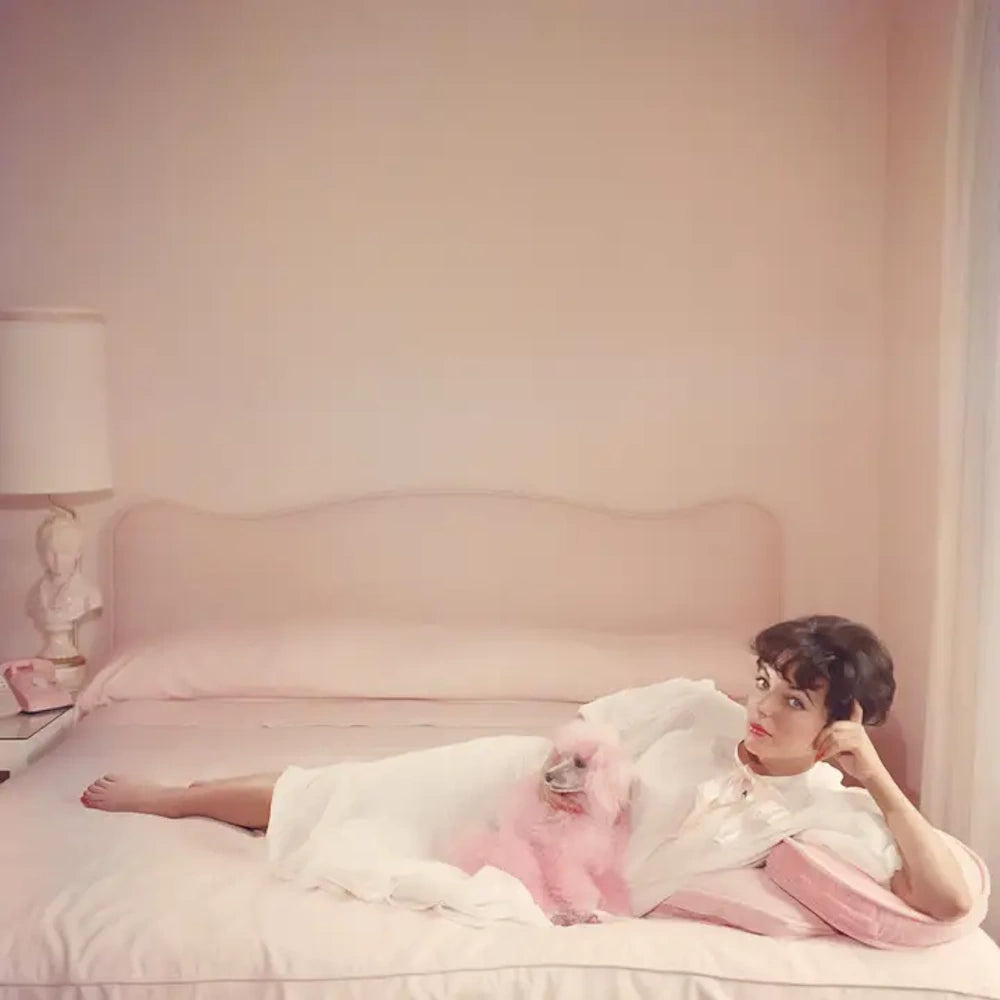 Woman in a white dress lounging on a pink bed alongside a small pink poodle in a vintage room.