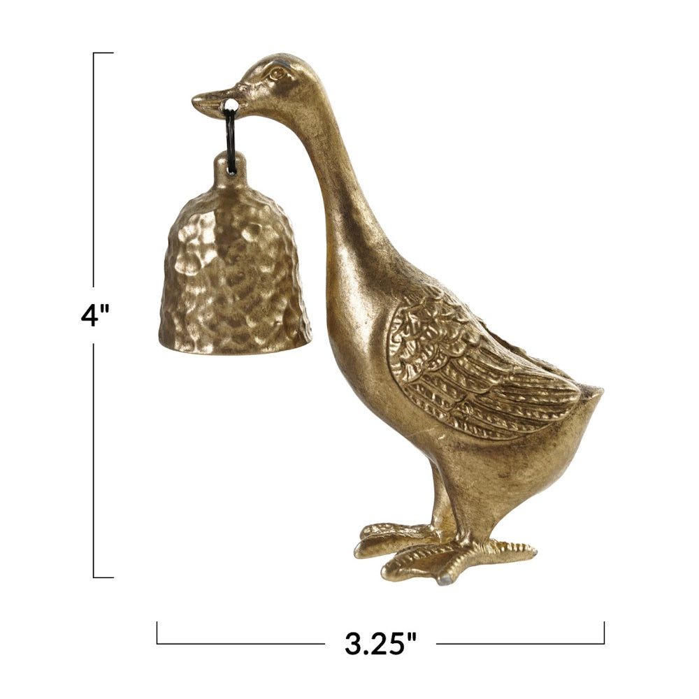 Duck-shaped candle snuffer holding a bell, with dimensions showing 4" high and 3.25" wide.