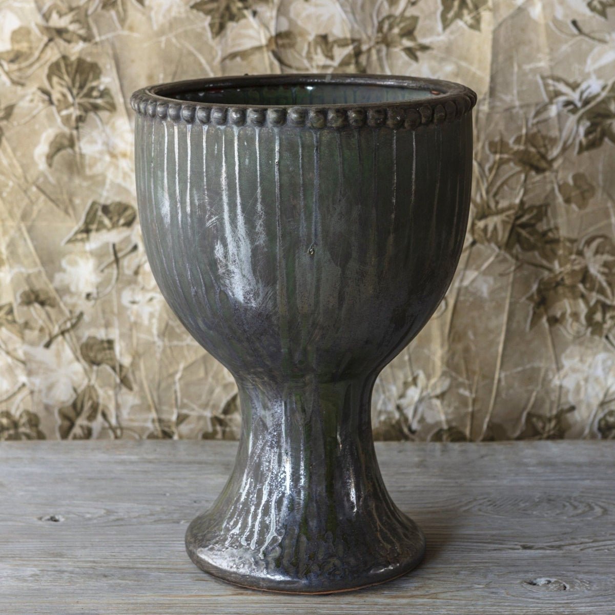 Aged Olive Dripped Glazed Pottery Large Tulip Vase