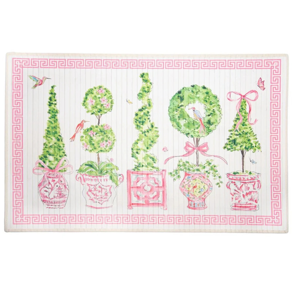 Pink and green bamboo mat featuring watercolor topiary trees in chinoiserie pots with a Greek key border.