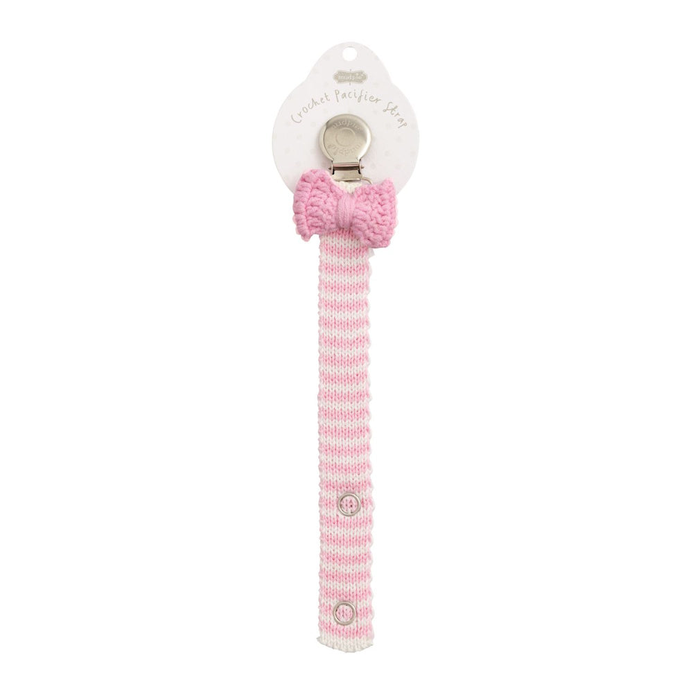 Pink crochet bow pacifier clip with a pink and white striped strap and silver metal clasp.