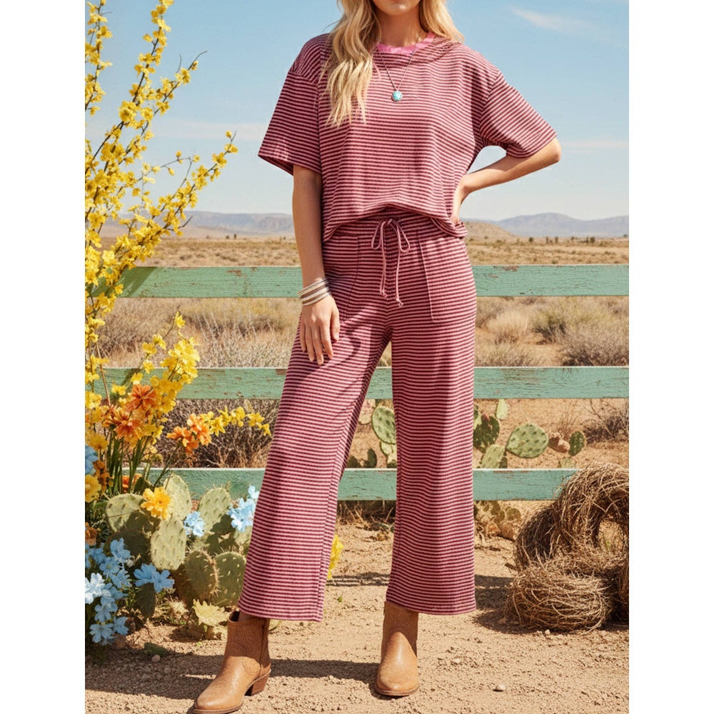 Matching pink and brown fine-striped knit set with a short-sleeve tee and drawstring wide-leg pants.