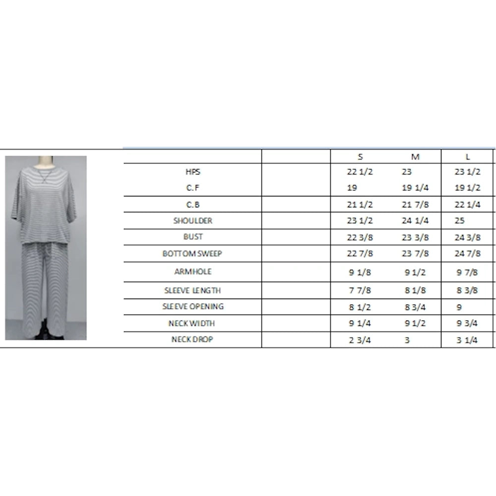 Apparel size chart with measurements for small, medium, and large sizes alongside a mannequin in a lounge set.