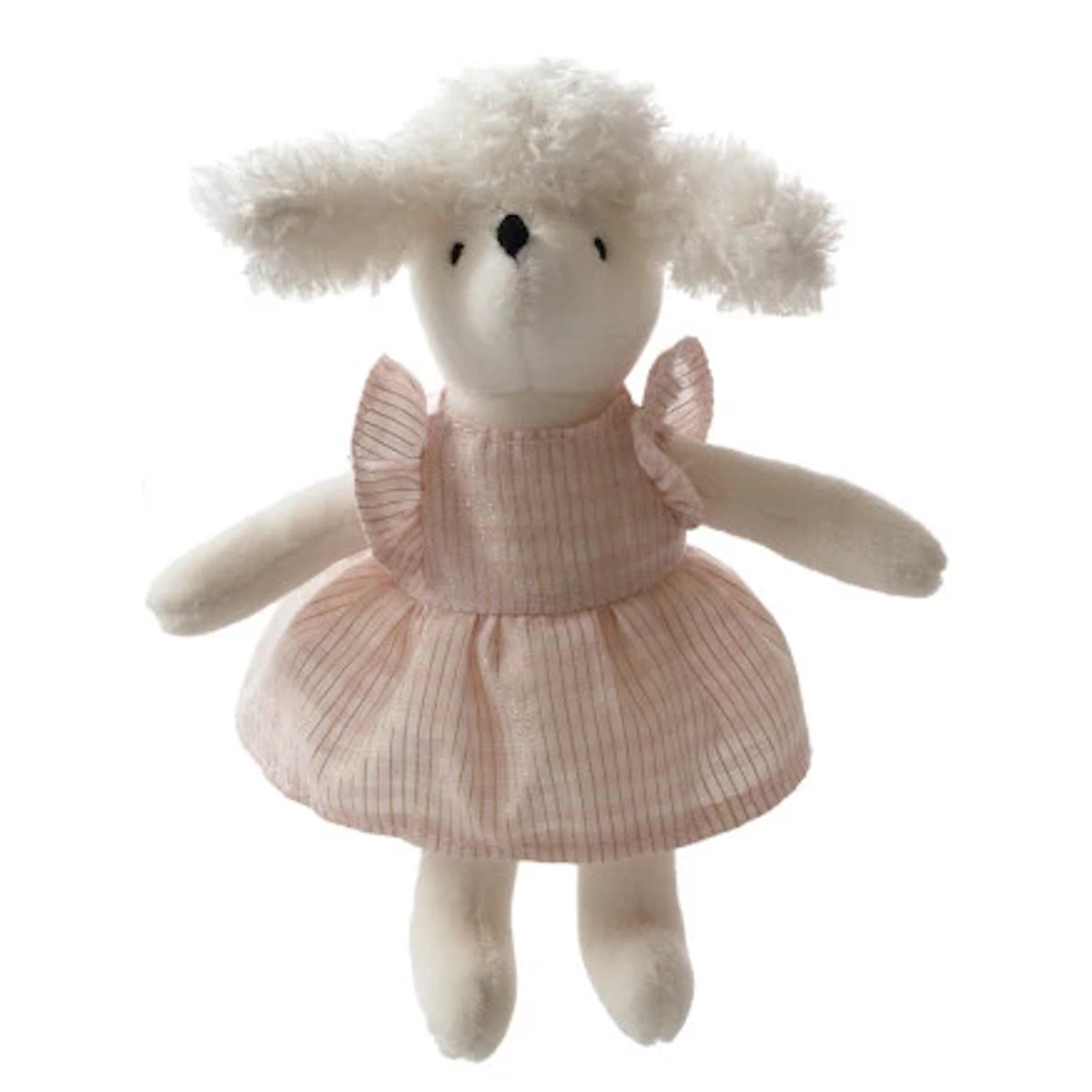 Small white plush poodle doll wearing a pink striped ruffled dress. Soft cotton toy for children on a white background.
