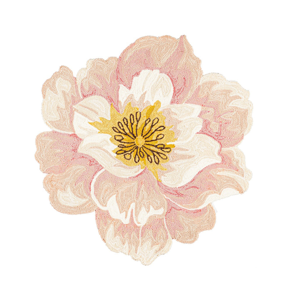 Embroidered floral mat shaped like a pink and white peony with a yellow center on a white background.